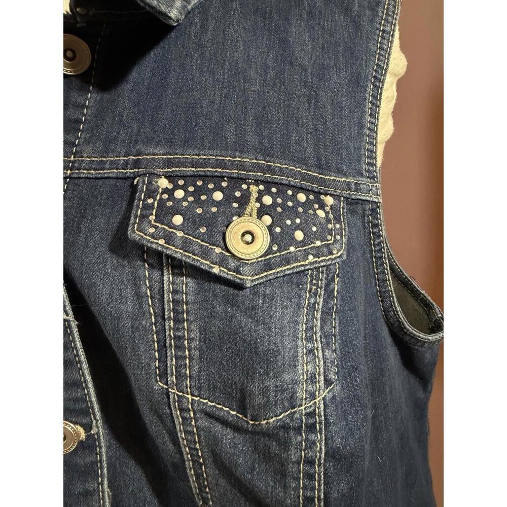 CJ Banks Denim Vest Womens X Blue Rhinestone Sleeveless Stretch Buttons Pockets - Picture 5 of 10